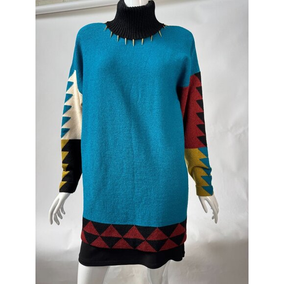 Vintage Steve Fabrikant Neiman Marcus Wool & Rayon Medium Sweater Dress With Geo - Picture 1 of 16